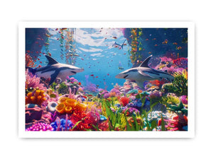 Colorful shark reef Canvas Print with tropical marine life and vibrant coral