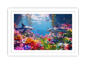 Colorful shark reef Canvas Print with tropical marine life and vibrant coral