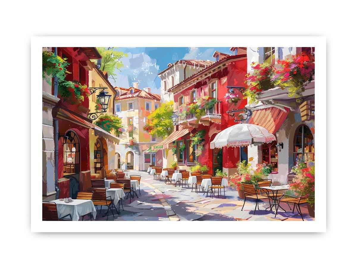 Colorful European cafe street Canvas Print