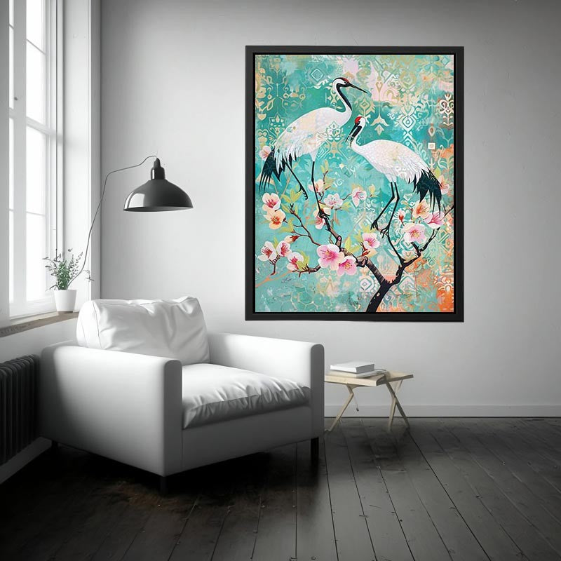 Elegant crane and cherry blossom Canvas Print