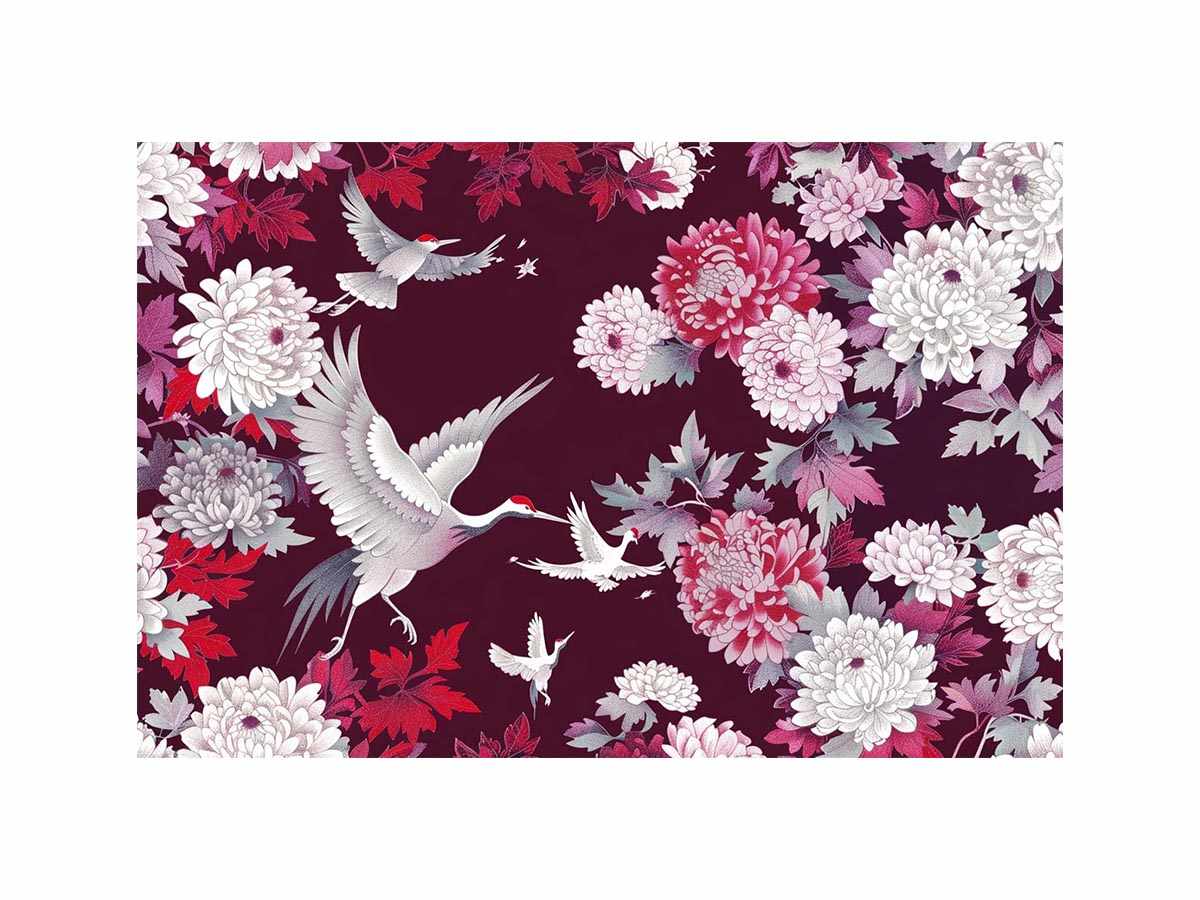 Panoramic crane floral canvas art for elegant living room or bedroom decor.