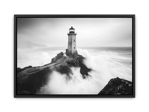 Black and white lighthouse Canvas Print with storm waves