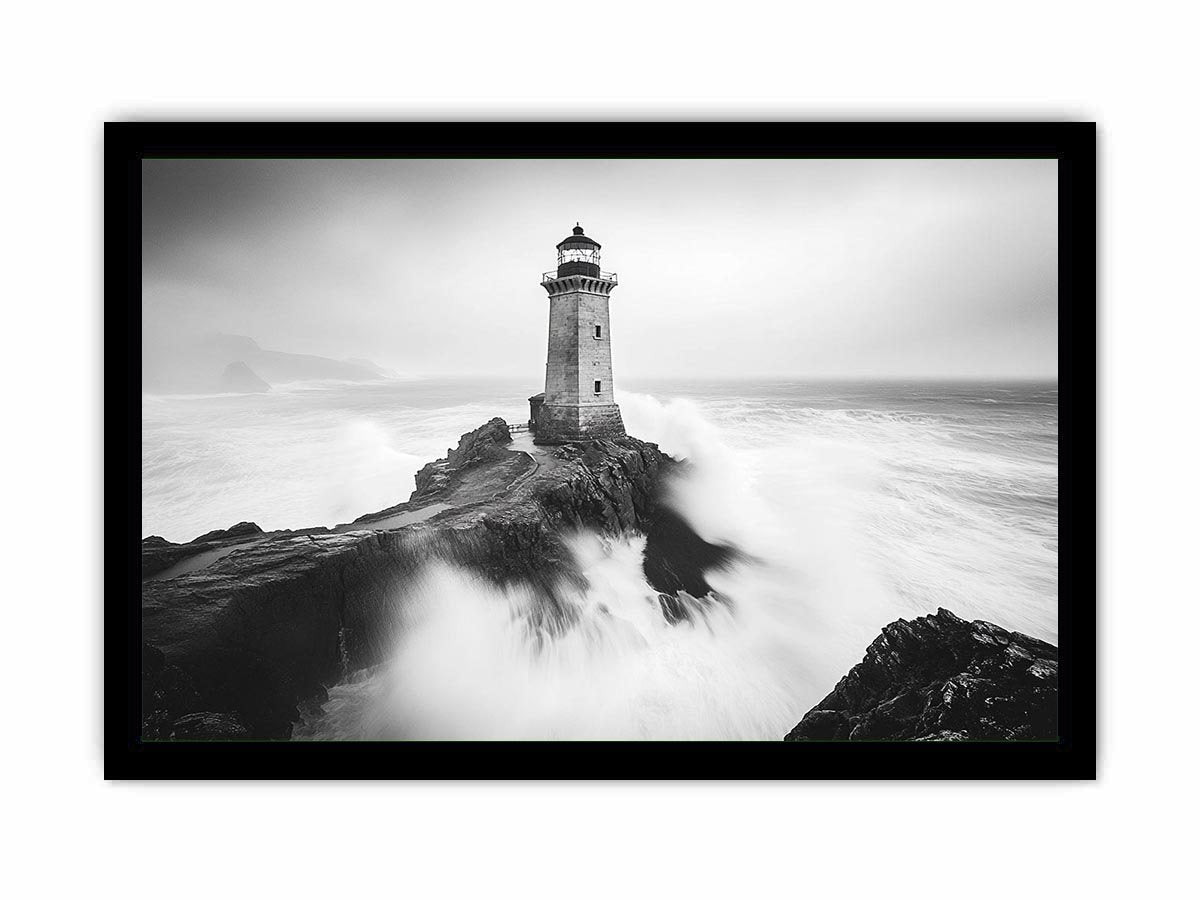 Black and white lighthouse Canvas Print with storm waves