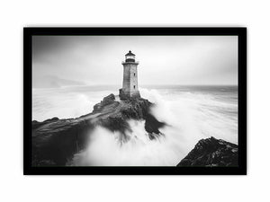 Black and white lighthouse Canvas Print with storm waves