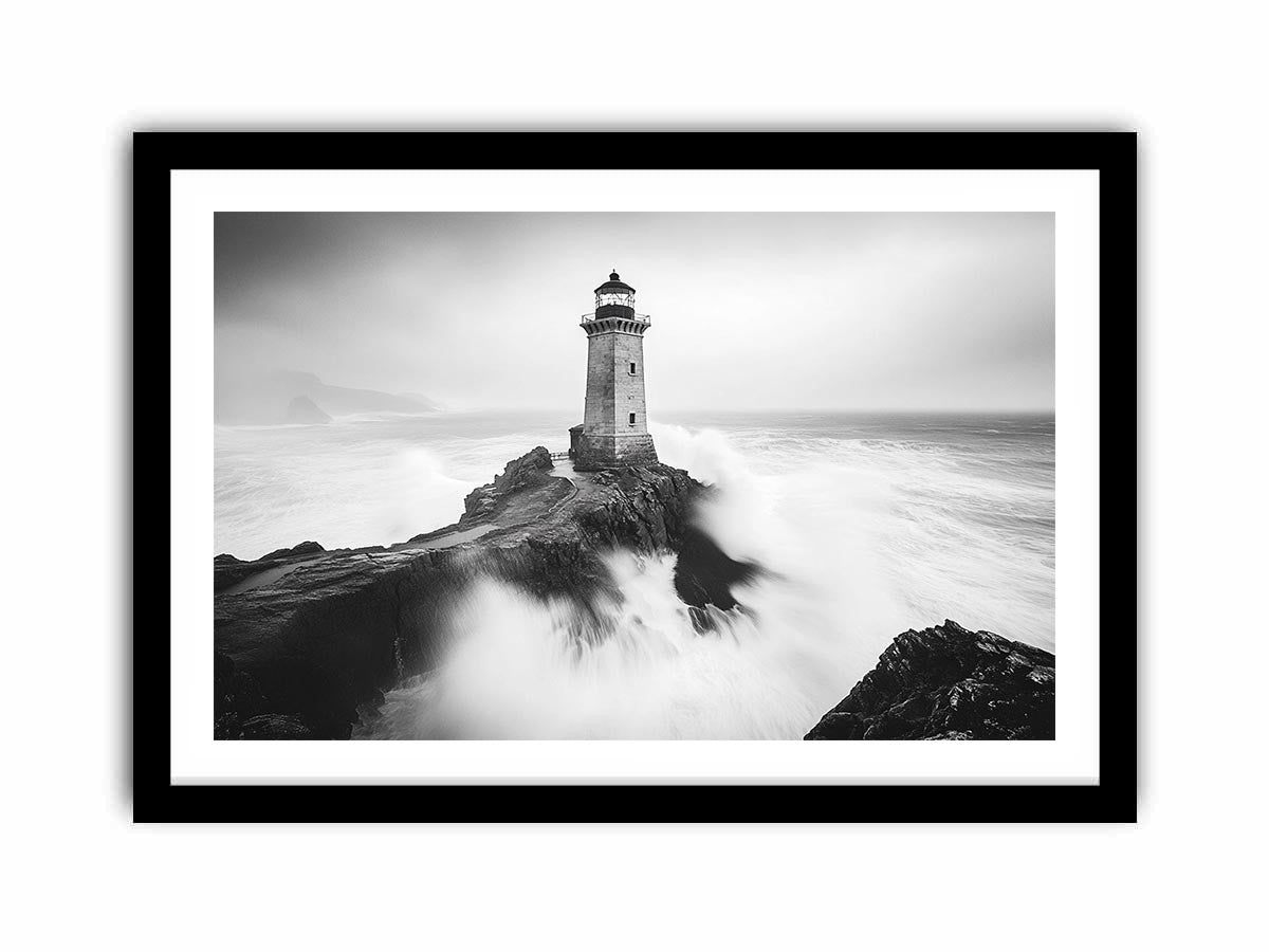 Black and white lighthouse Canvas Print with storm waves