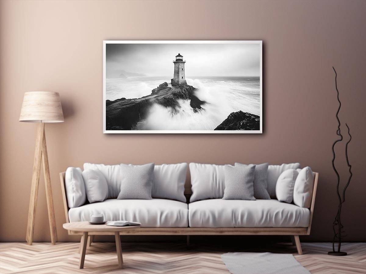 Black and white lighthouse Canvas Print with storm waves
