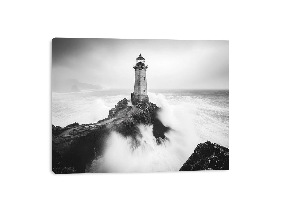 Black and white lighthouse Canvas Print with storm waves