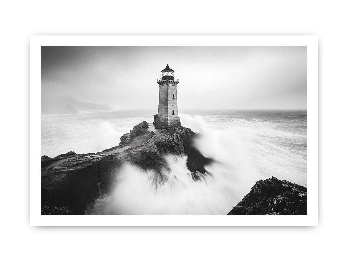 Black and white lighthouse Canvas Print with storm waves