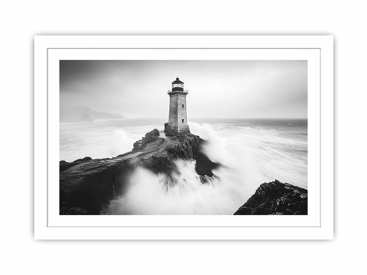 Black and white lighthouse Canvas Print with storm waves