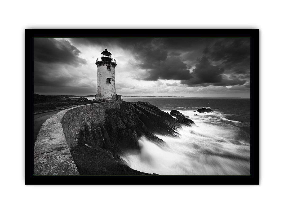 Moody black and white lighthouse Canvas Print with storm clouds