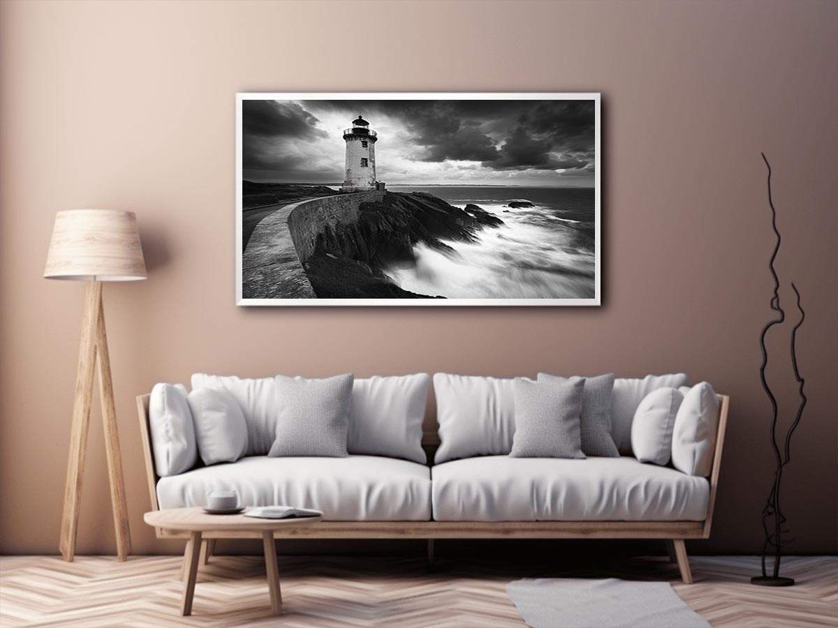 Moody black and white lighthouse Canvas Print with storm clouds