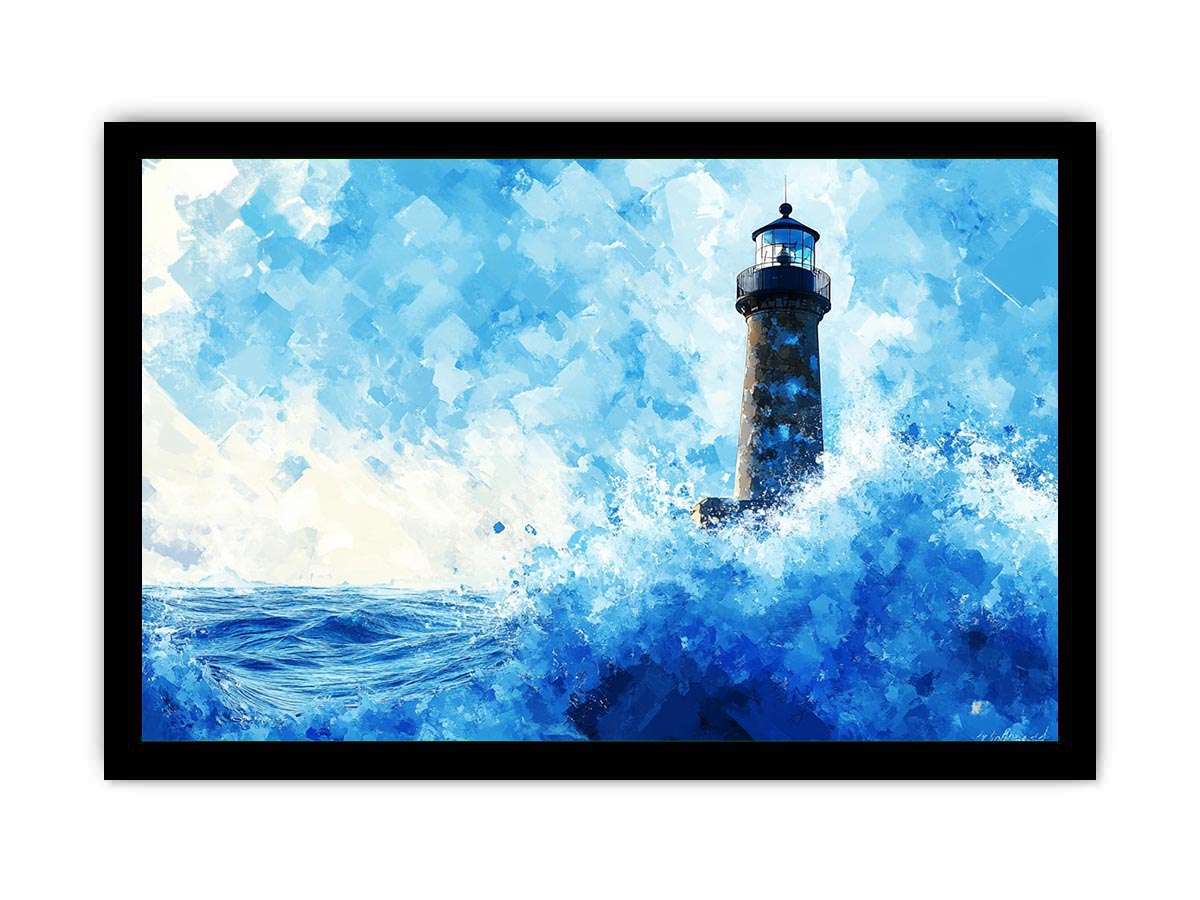 Blue watercolor lighthouse Canvas Print with ocean waves