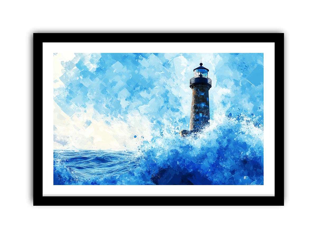 Blue watercolor lighthouse Canvas Print with ocean waves