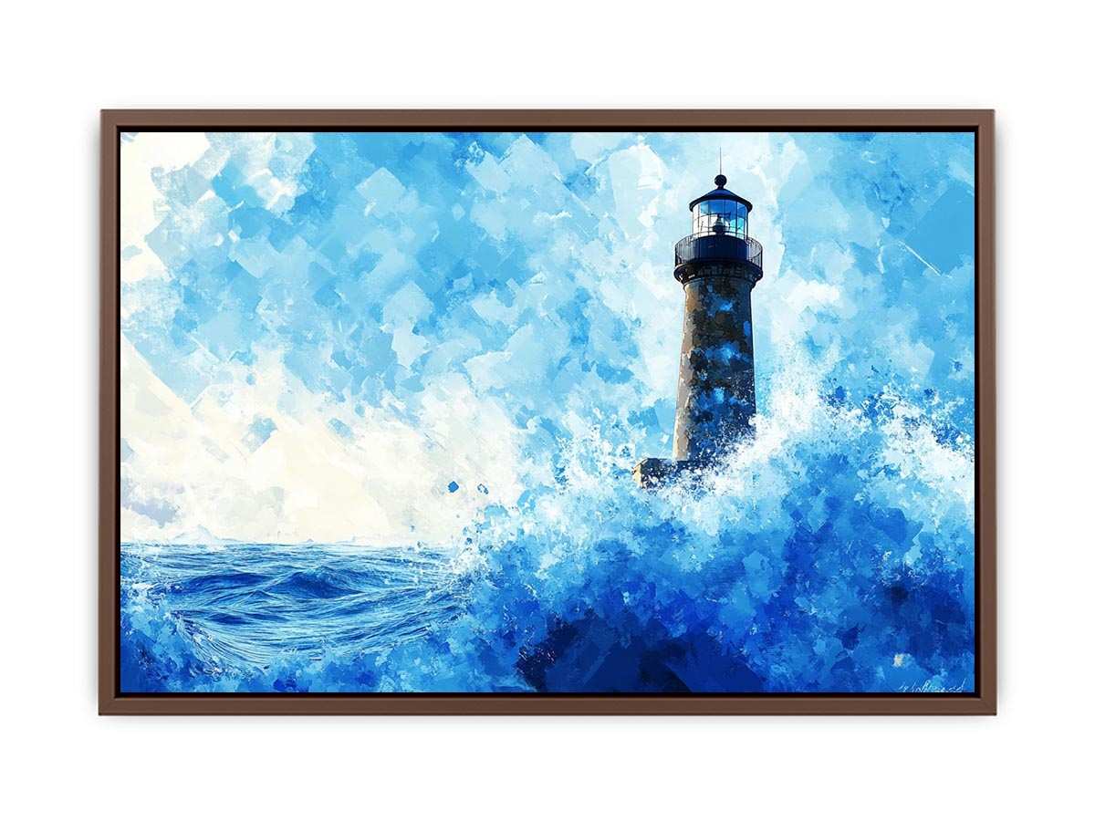 Blue watercolor lighthouse Canvas Print with ocean waves