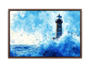 Blue watercolor lighthouse Canvas Print with ocean waves