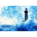 Blue watercolor lighthouse Canvas Print with ocean waves