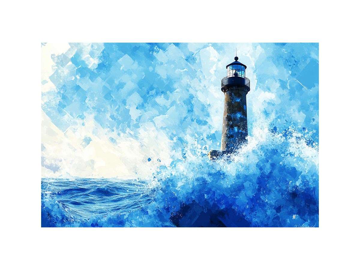Blue watercolor lighthouse Canvas Print with ocean waves