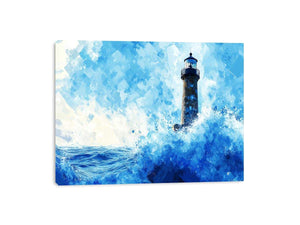 Blue watercolor lighthouse Canvas Print with ocean waves
