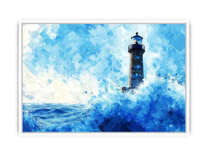 Blue watercolor lighthouse Canvas Print with ocean waves