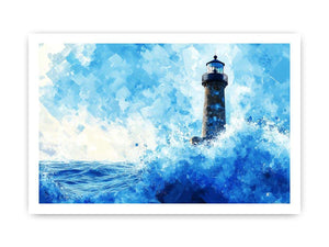 Blue watercolor lighthouse Canvas Print with ocean waves