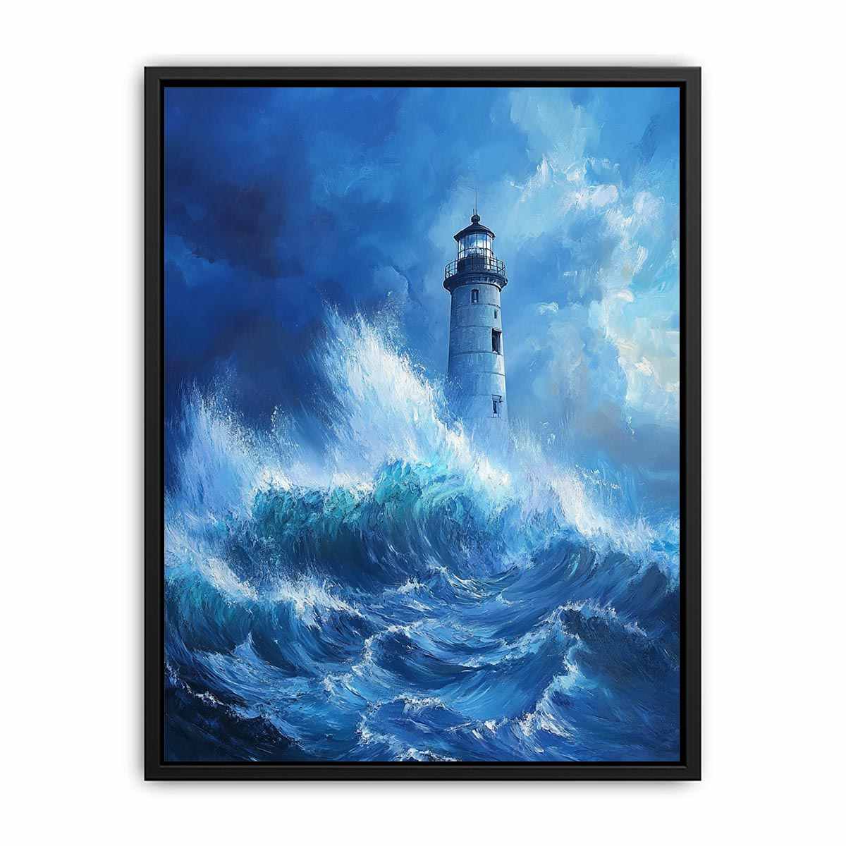 Stormy blue lighthouse Canvas Print with ocean waves