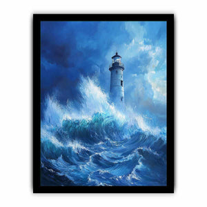 Stormy blue lighthouse Canvas Print with ocean waves