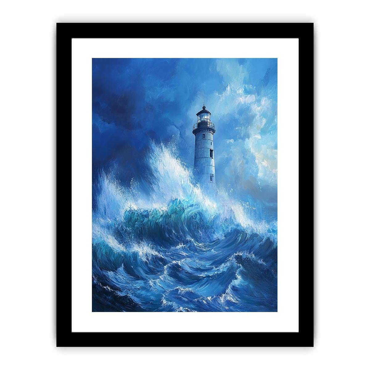 Stormy blue lighthouse Canvas Print with ocean waves