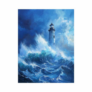Stormy blue lighthouse Canvas Print with ocean waves