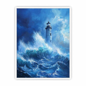 Stormy blue lighthouse Canvas Print with ocean waves