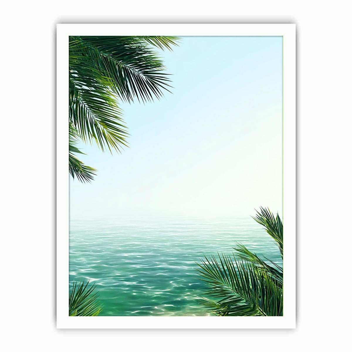 Minimal coastal ocean Canvas Print with palm leaves