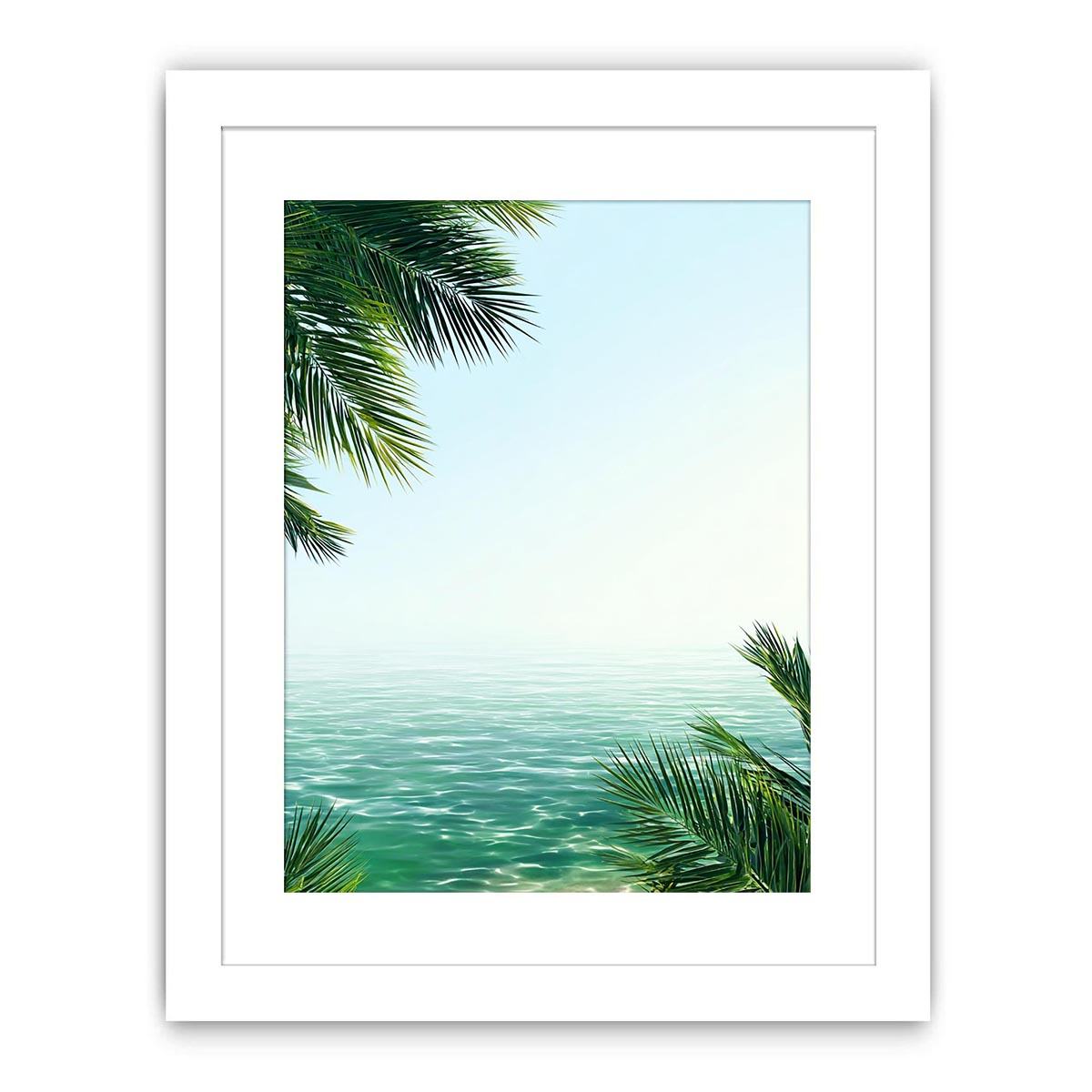 Minimal coastal ocean Canvas Print with palm leaves