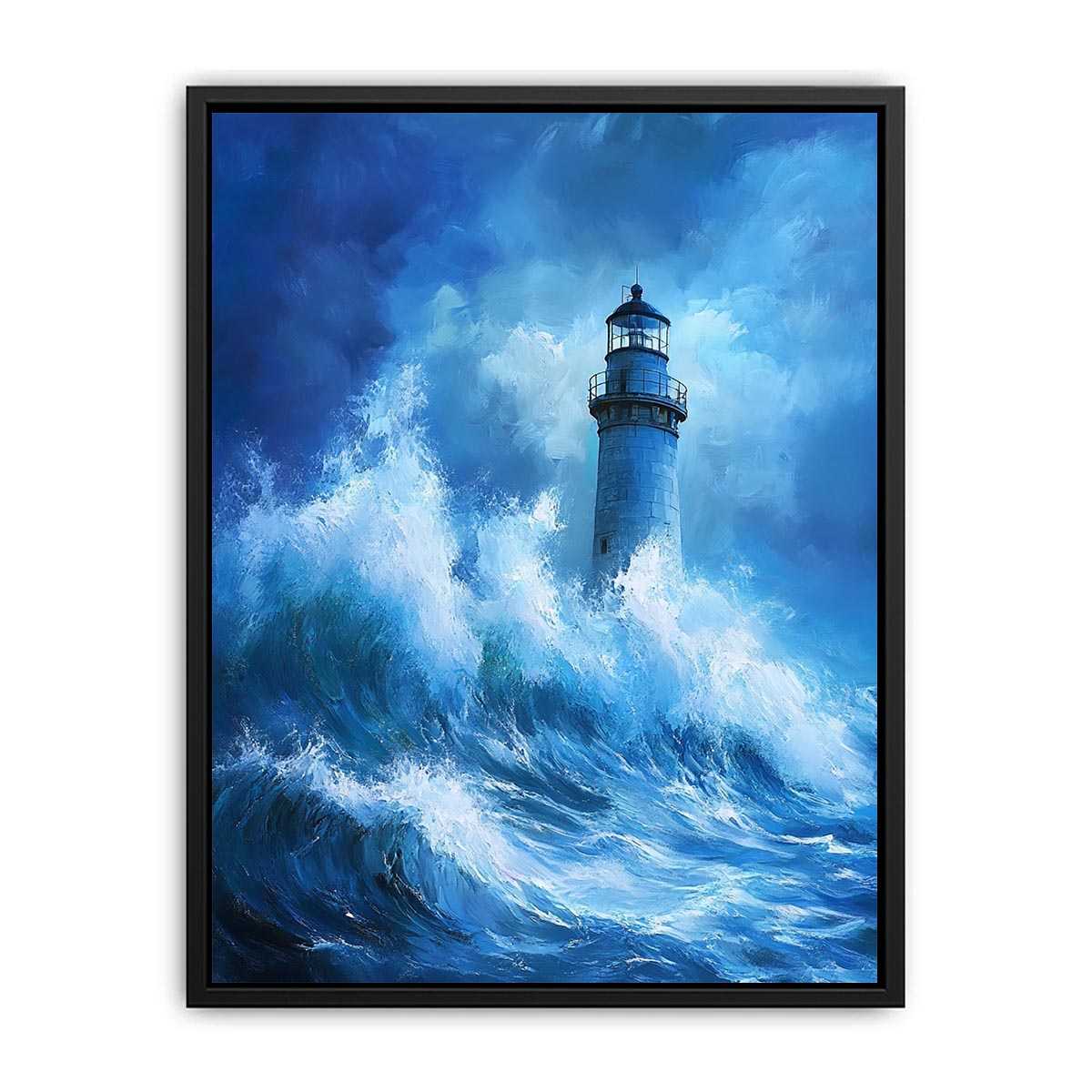Blue storm lighthouse Canvas Print with crashing ocean waves