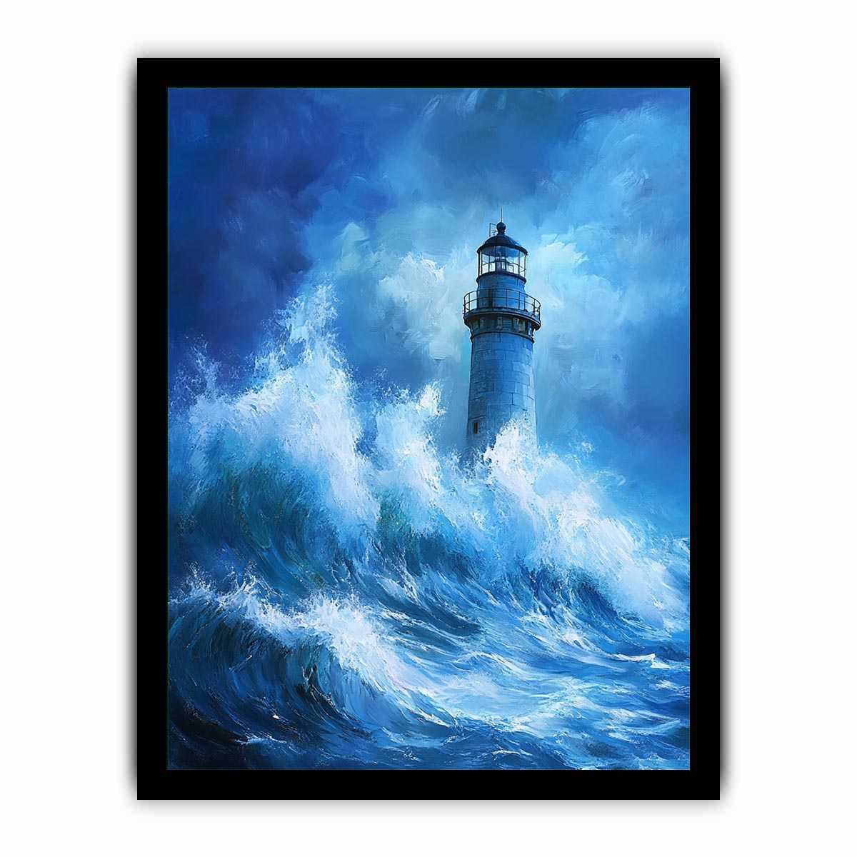 Blue storm lighthouse Canvas Print with crashing ocean waves