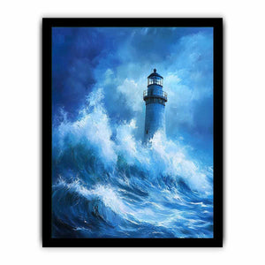 Blue storm lighthouse Canvas Print with crashing ocean waves