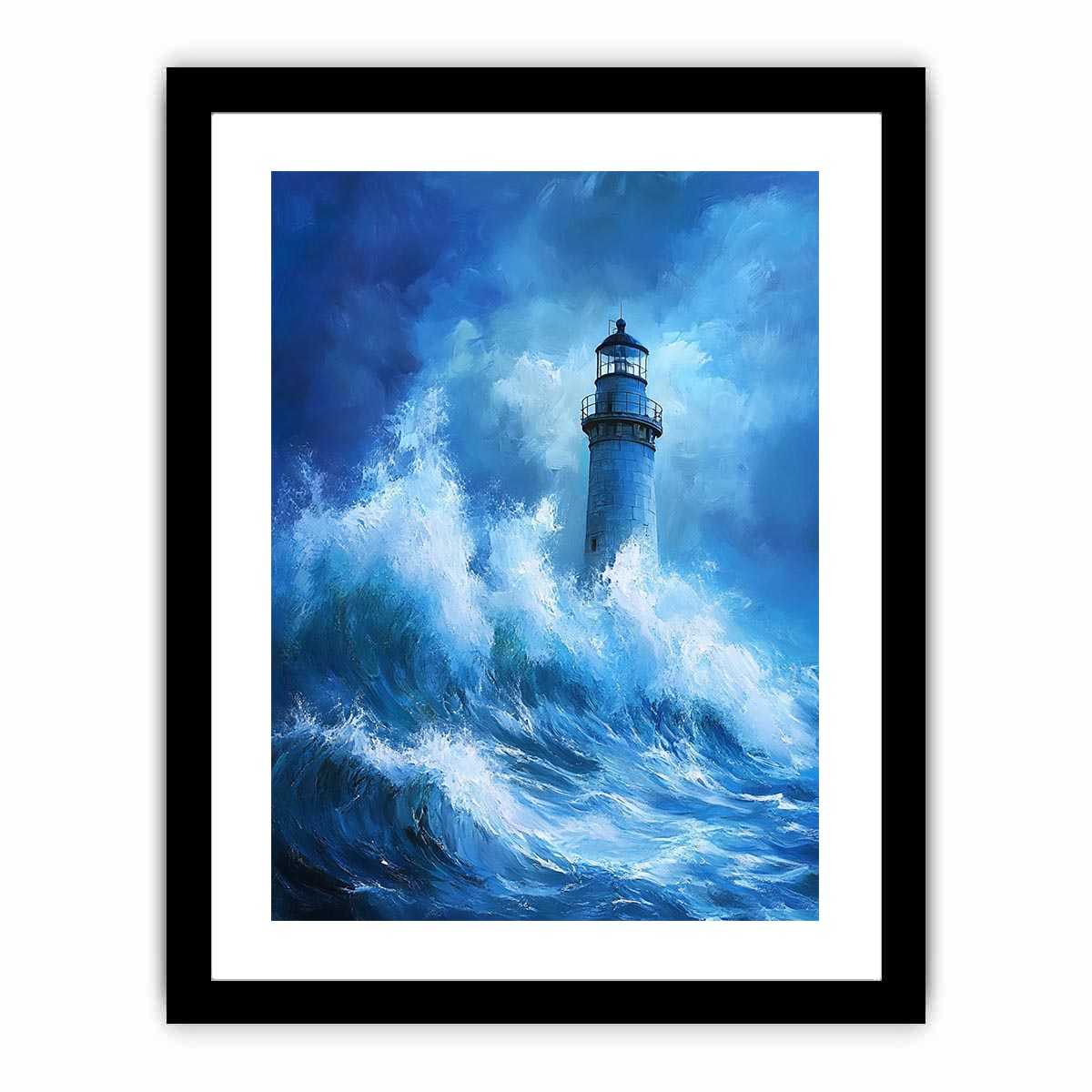 Blue storm lighthouse Canvas Print with crashing ocean waves