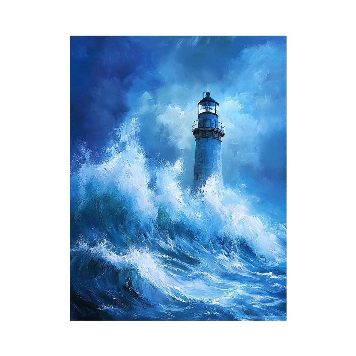 Blue storm lighthouse Canvas Print with crashing ocean waves