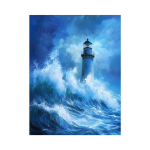 Blue storm lighthouse Canvas Print with crashing ocean waves