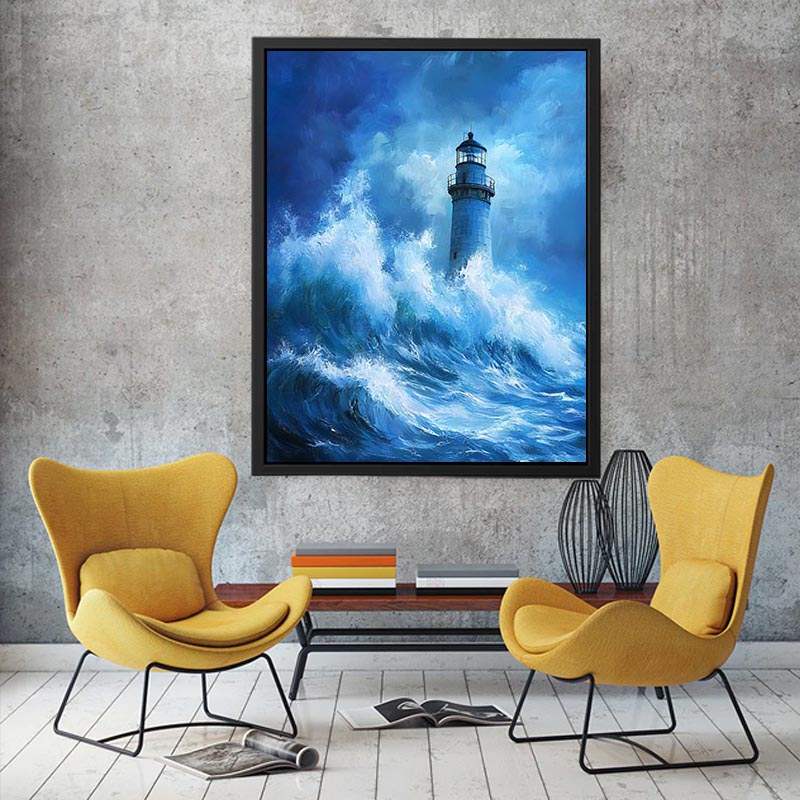 Blue storm lighthouse Canvas Print with crashing ocean waves