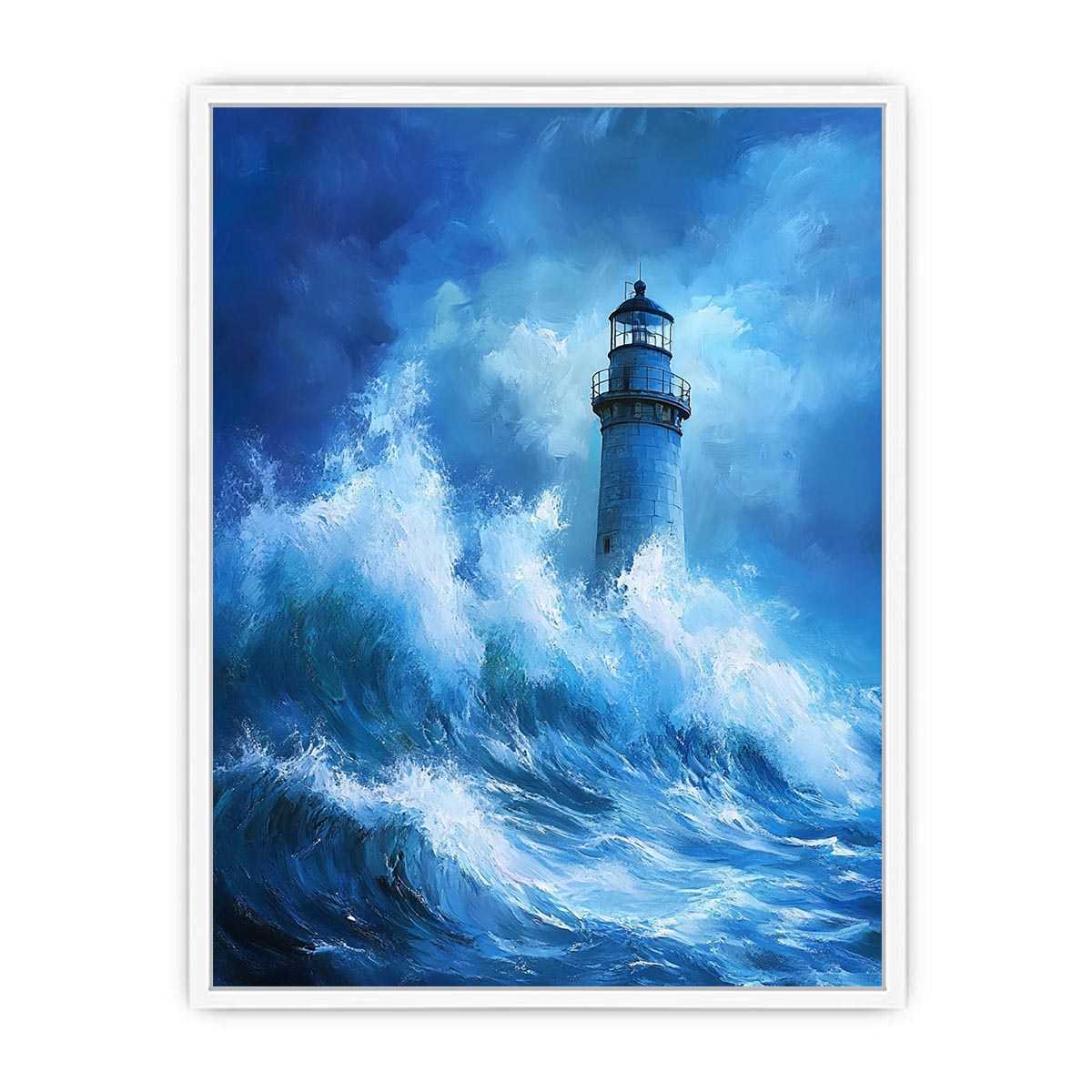 Blue storm lighthouse Canvas Print with crashing ocean waves