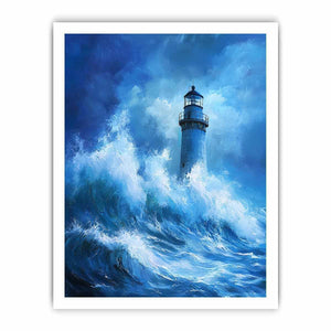 Blue storm lighthouse Canvas Print with crashing ocean waves
