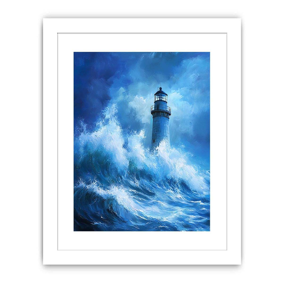 Blue storm lighthouse Canvas Print with crashing ocean waves