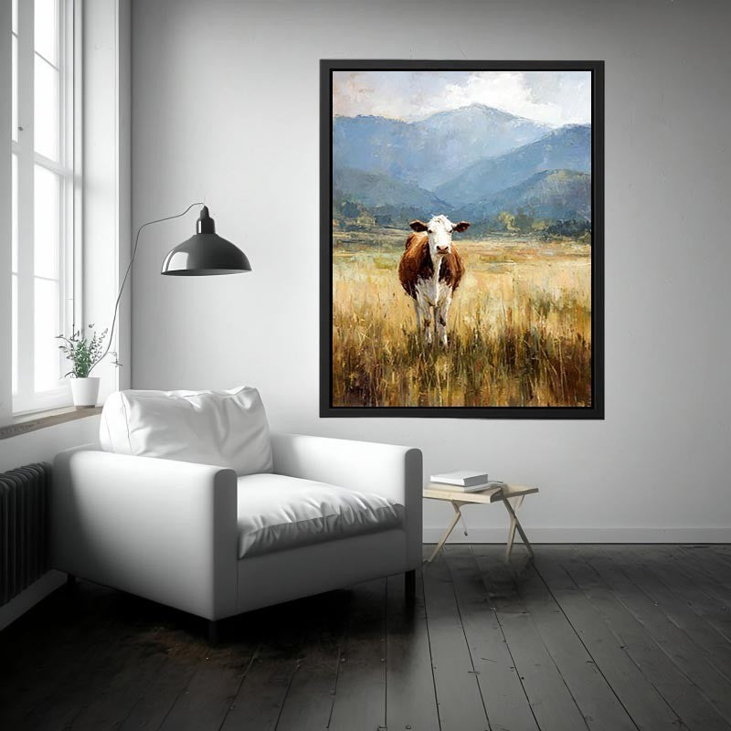 Cow pasture Canvas Print with mountains