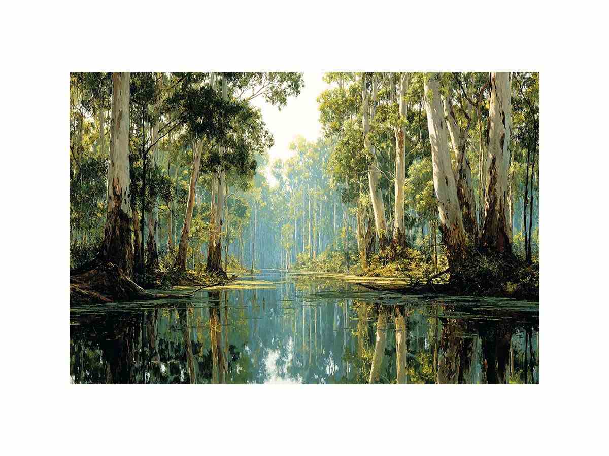 Serene forest river landscape canvas art for calm living room decor.