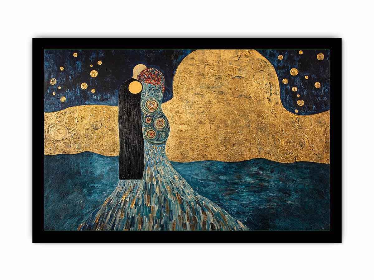 Surreal couple Canvas Print with gold moon and stars