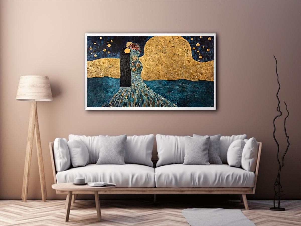 Surreal couple Canvas Print with gold moon and stars