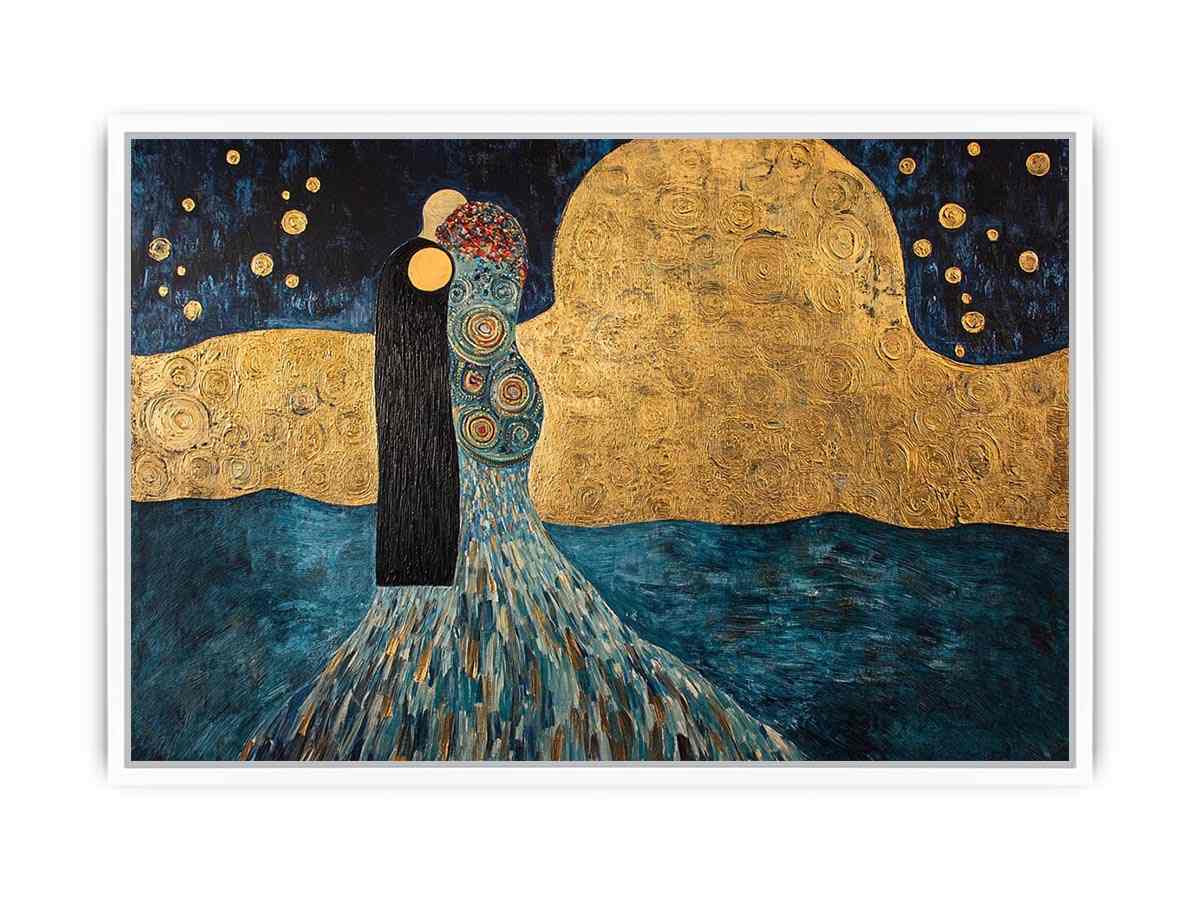 Surreal couple Canvas Print with gold moon and stars