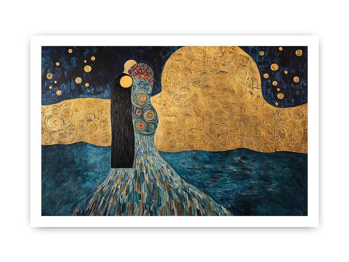 Surreal couple Canvas Print with gold moon and stars