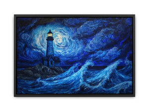 Moonlit lighthouse Canvas Print with blue ocean waves