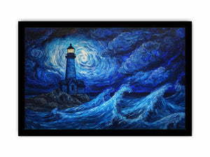 Moonlit lighthouse Canvas Print with blue ocean waves
