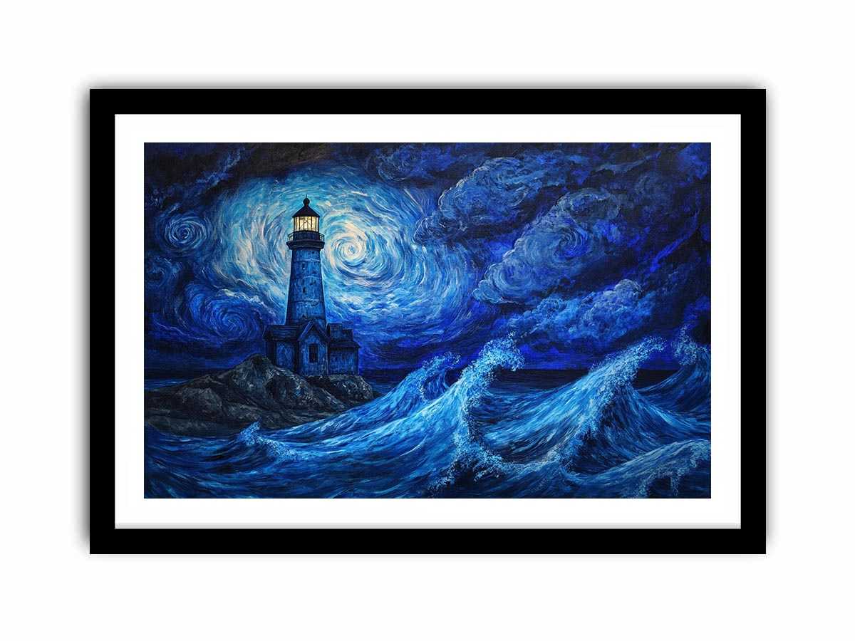 Moonlit lighthouse Canvas Print with blue ocean waves